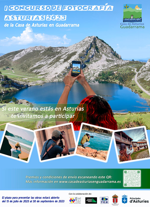 Cartel del concurso de fotografía. Imágenes de gente haciendo fotos a lugares de Asturias.